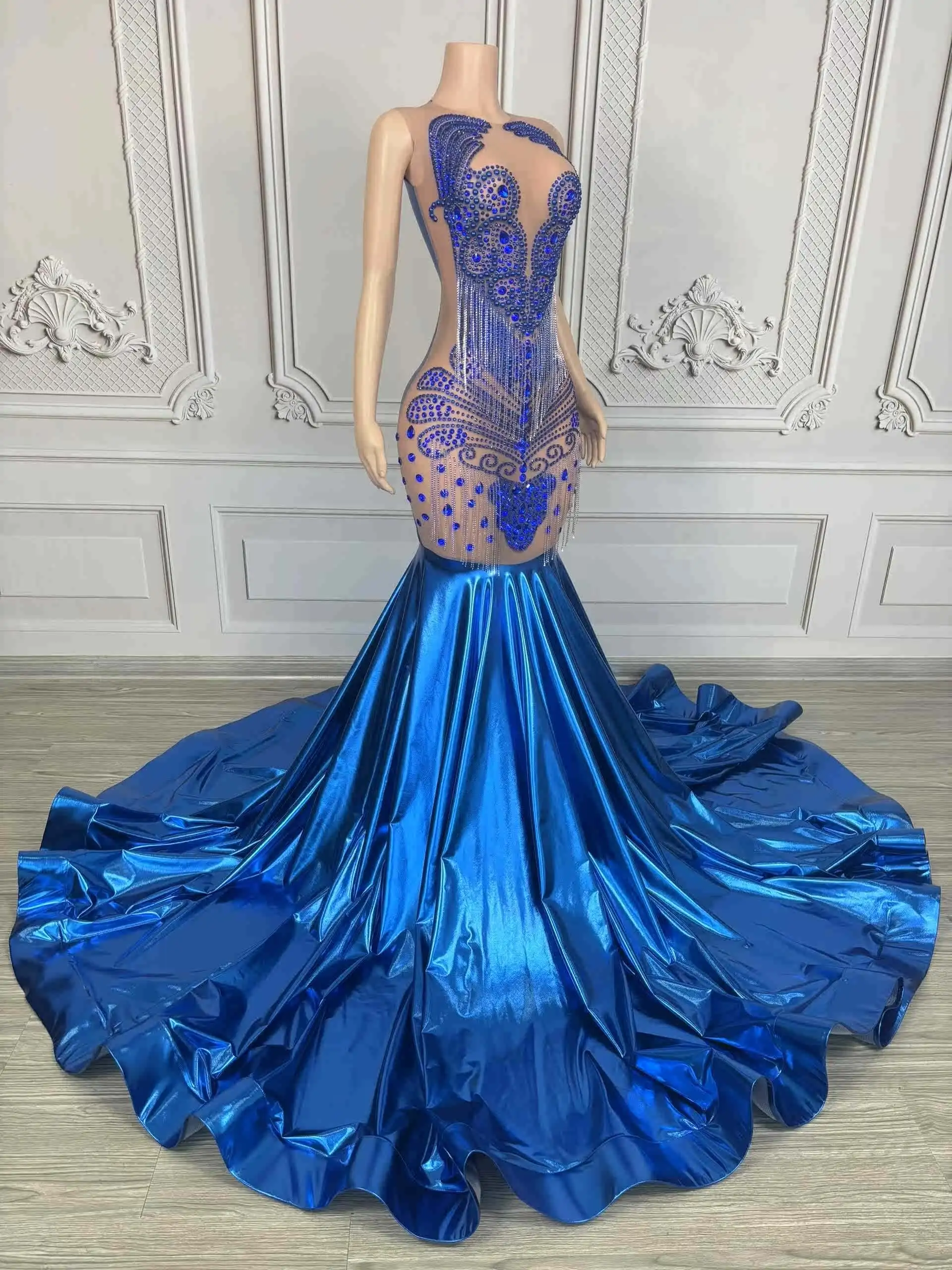 Vestidos de Noche brillantes con diamantes de imitación para mujer, traje de pasarela para celebrar, vestidos de fiesta, disfraz de actuación de Jazz en escenario XS10078