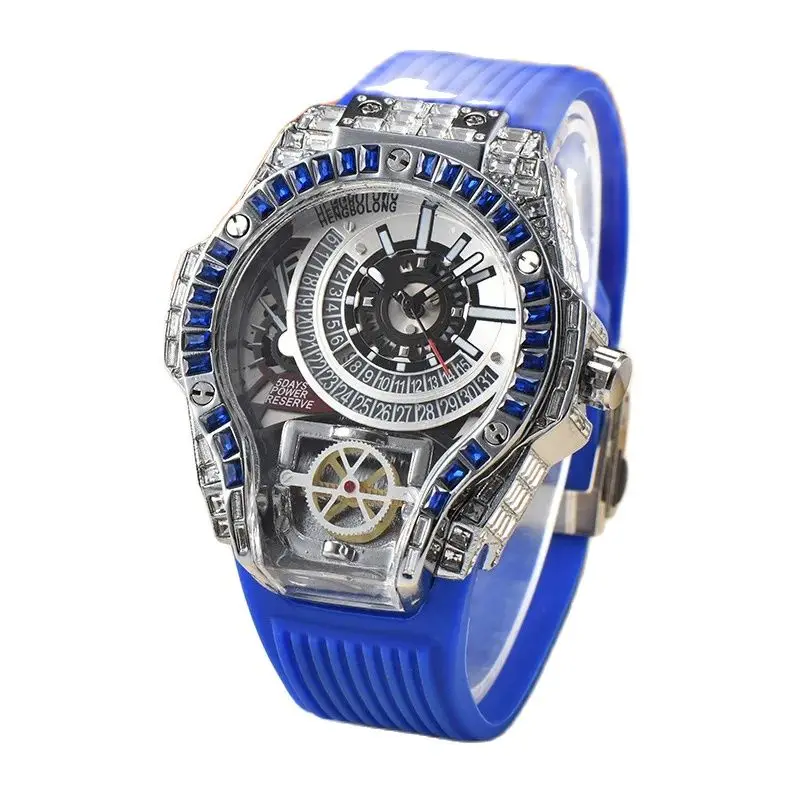 Men\'s three-hand quartz watch fashion sporty special-shaped blue full diamond watch