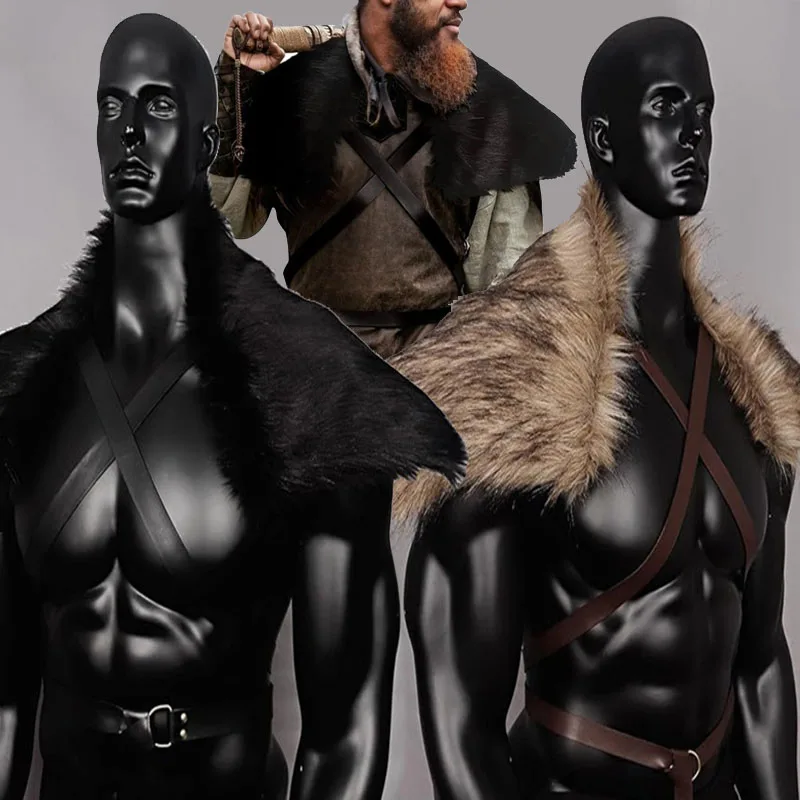Bufanda con cuello de manto de pieles sintéticas para hombre, accesorio de disfraz de vikingos para Cosplay de Halloween, pieles envolventes para hombros de samurái Vintage para fiesta y escenario