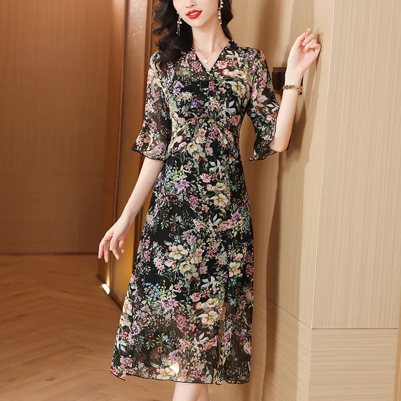 

2025 Summer Floral Chiffon Elegant Casual Beach Dress Silk Chic V-Neck Casual Long Dress Women Korean Bodycon Party Night Dress
