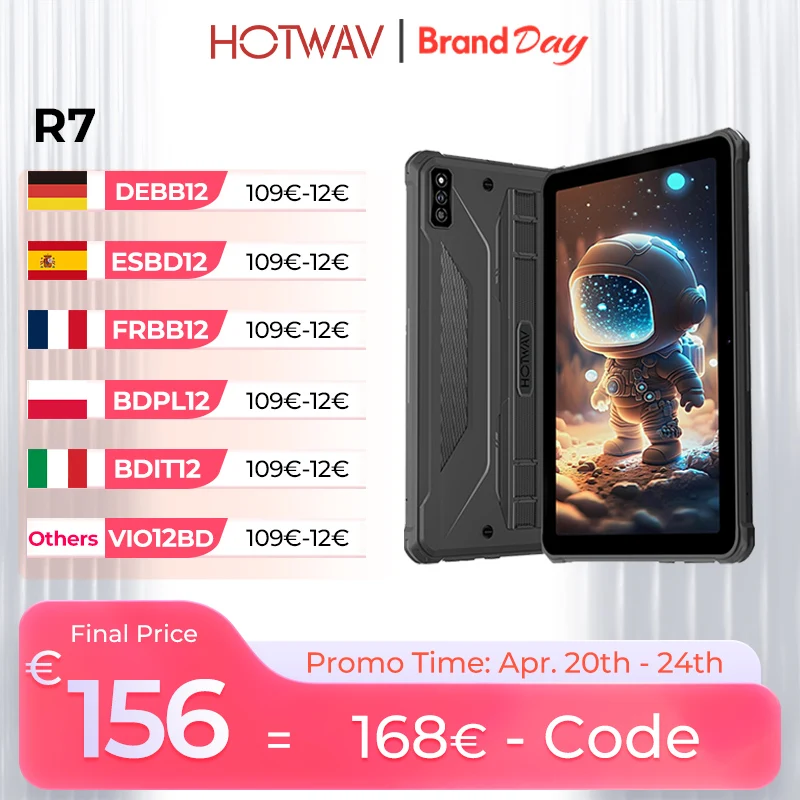 Tablette robuste HOTWAV R7, batterie massive de 15600 mAh, écran HD+ de 10,1 pouces, système d'exploitation Android 13, processeur octa-core, 6 Go de RAM, 256 Go de stockage, tablette PC mondiale