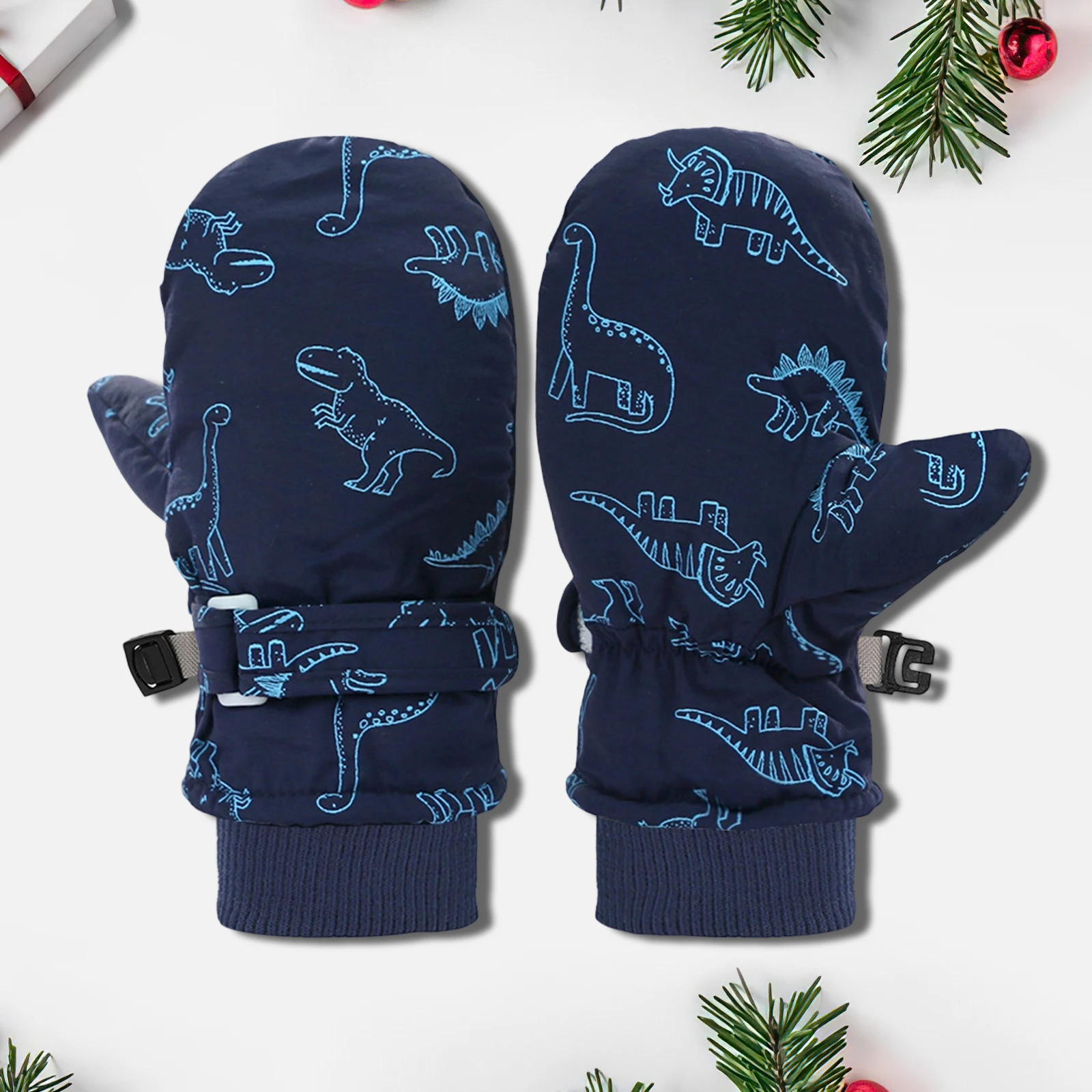 Children Waterproof Skiing Fleece Lined Mittens Dinosaur Patterned Winter Gloves Kids Outdoor Cold Weather Accessories
