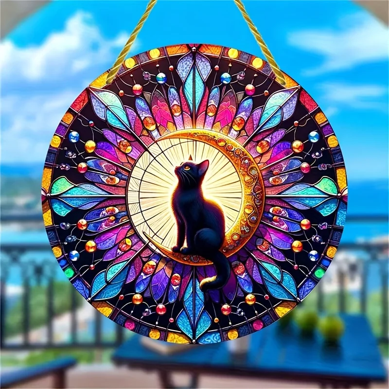 

Black Cat Suncatcher Sign,Moon Stained Plastic Window Hanging,Round Acrylic Emblem,Wall Decor For Home,Room,Porch–Opulent Style