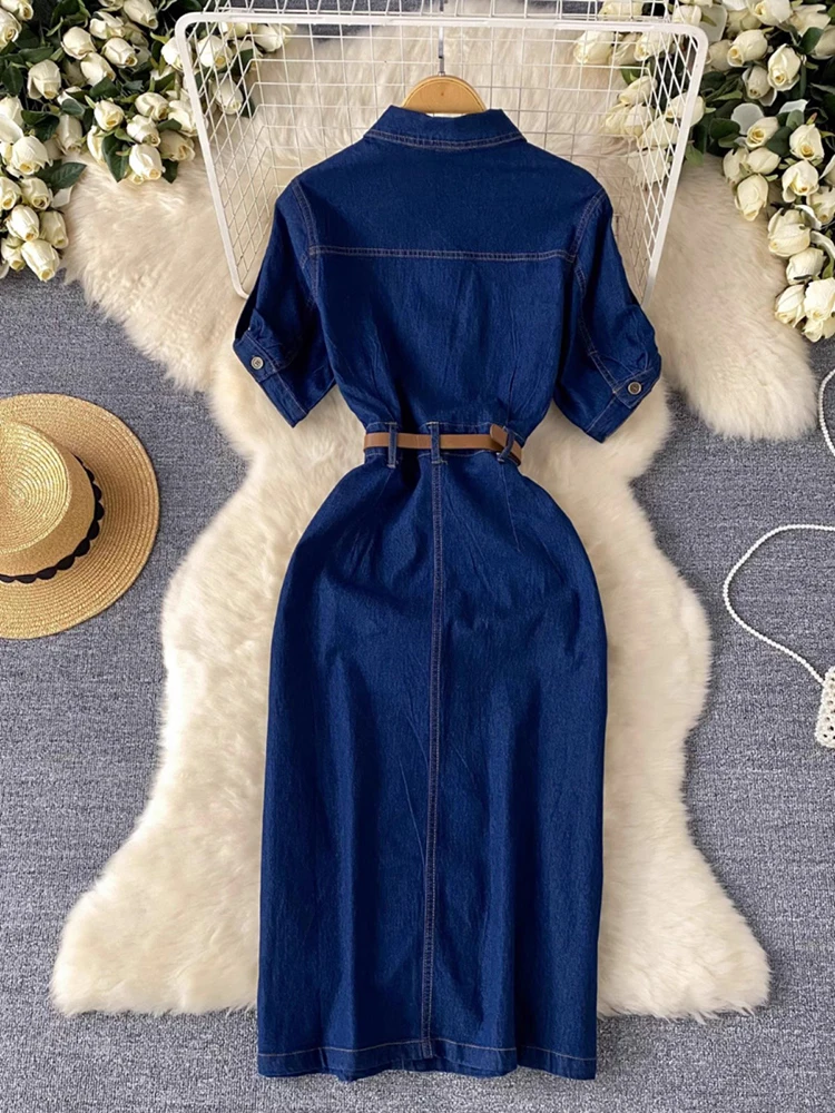 summer fashion Split denim dress package hip puff sleeve single-breasted women slim Square collar jeans dress