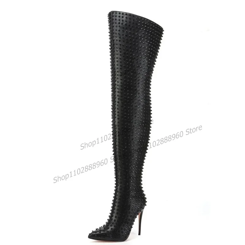 Thigh Heel Black Rivet Decor Boots Stilettos High Heel Women Shoes Side Zipper Pointed Toe 2023 Fashionable Zapatos Para Mujere