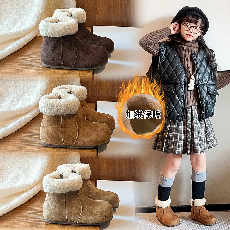 

2025 NEW Children's Ankle Boots Winter New Girls Cotton WarmCausal Short Boots Zipper Retro Toddlers Plush boot
