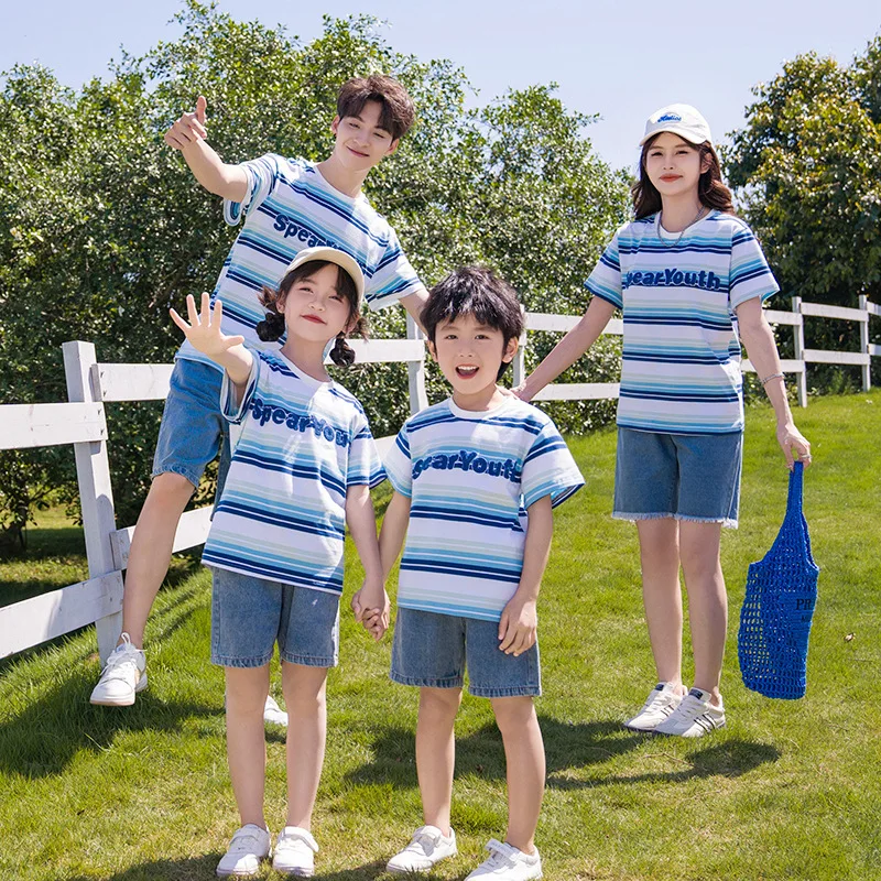 Summer Family Matching Clothes Parent-child Set Father Mother Daughter Son T Shirts and Denim Shorts Jeans Two Piece Outfit
