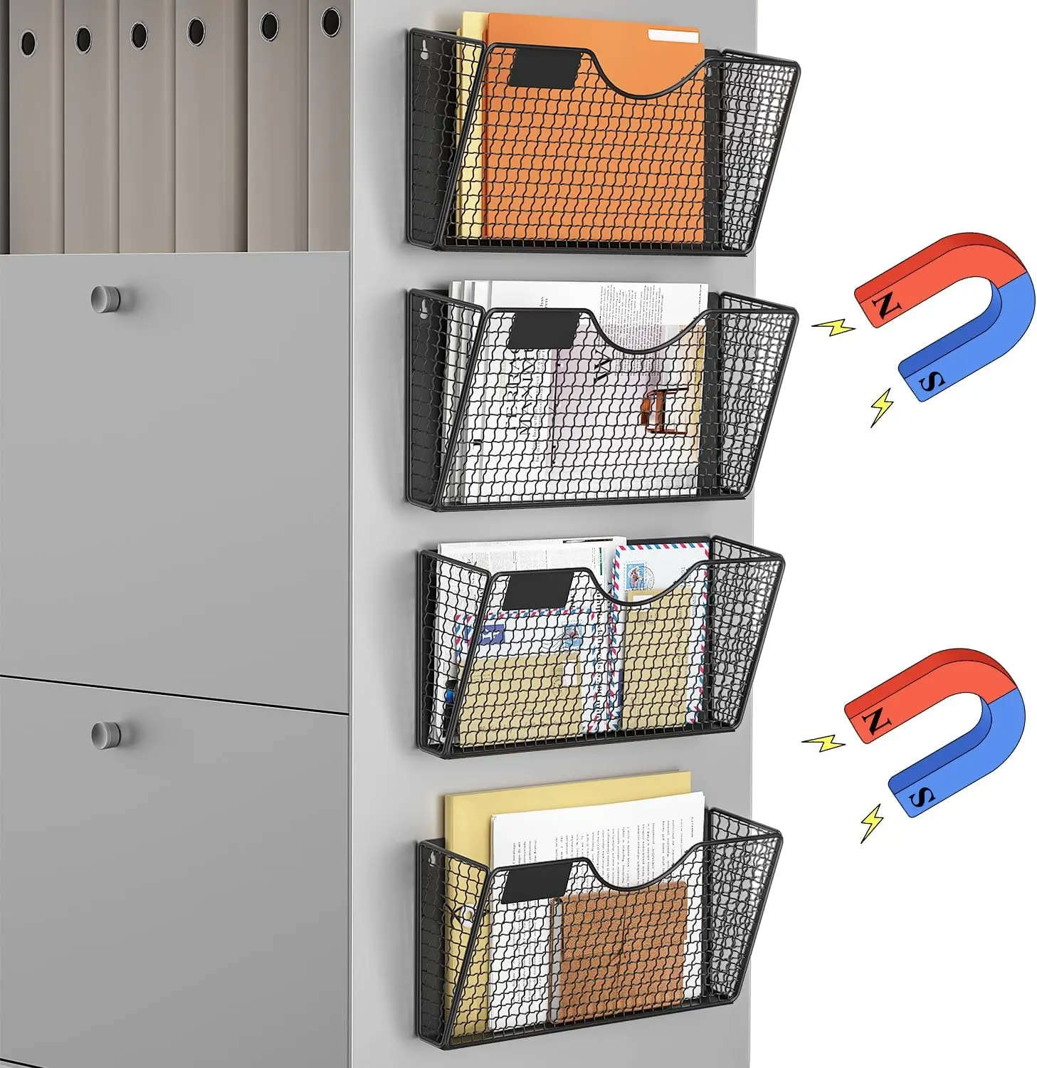 

4-Pocket Magnetic File Holder, No Drilling Wall Storage for Fridge Office Classroom, Strong Suction Organizer
