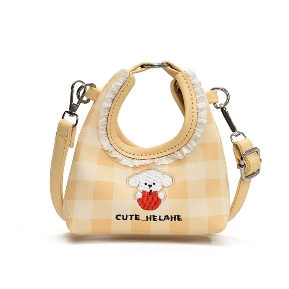 Creative Embroidery Dog Shoulder Bag Cartoon Grid PU Crossbody Bag Solid Color Korean Style Crescent Handbags Children