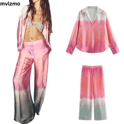 Women's Fashion Autumn Suit Tie Dye Turn-Down Collar Long Sleeve Single Breasted Blouse Gradient Zipper Wide Leg Pants