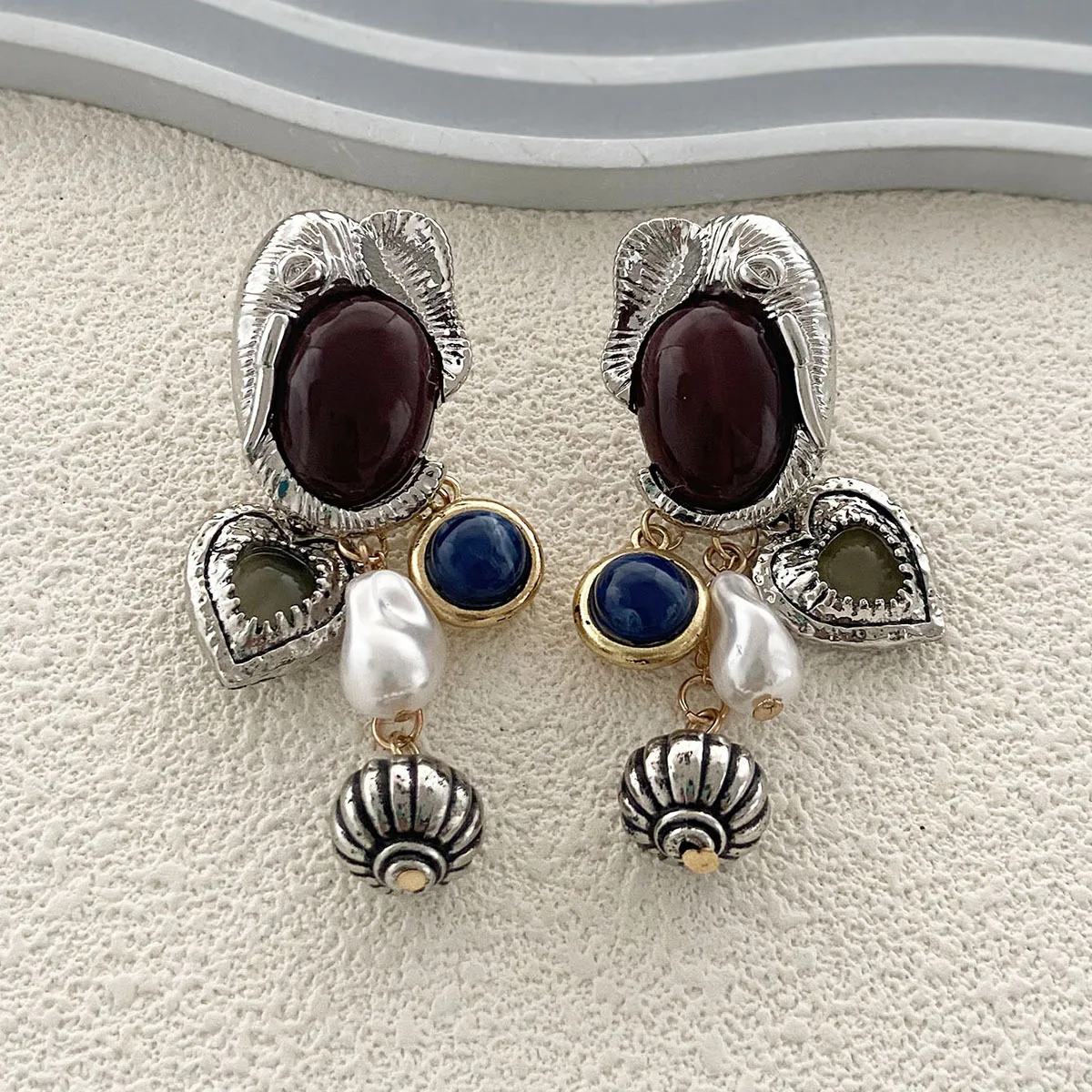 Zvoijio Retro Imitation Pearl Round Geometric Tassel Pendant Earrings