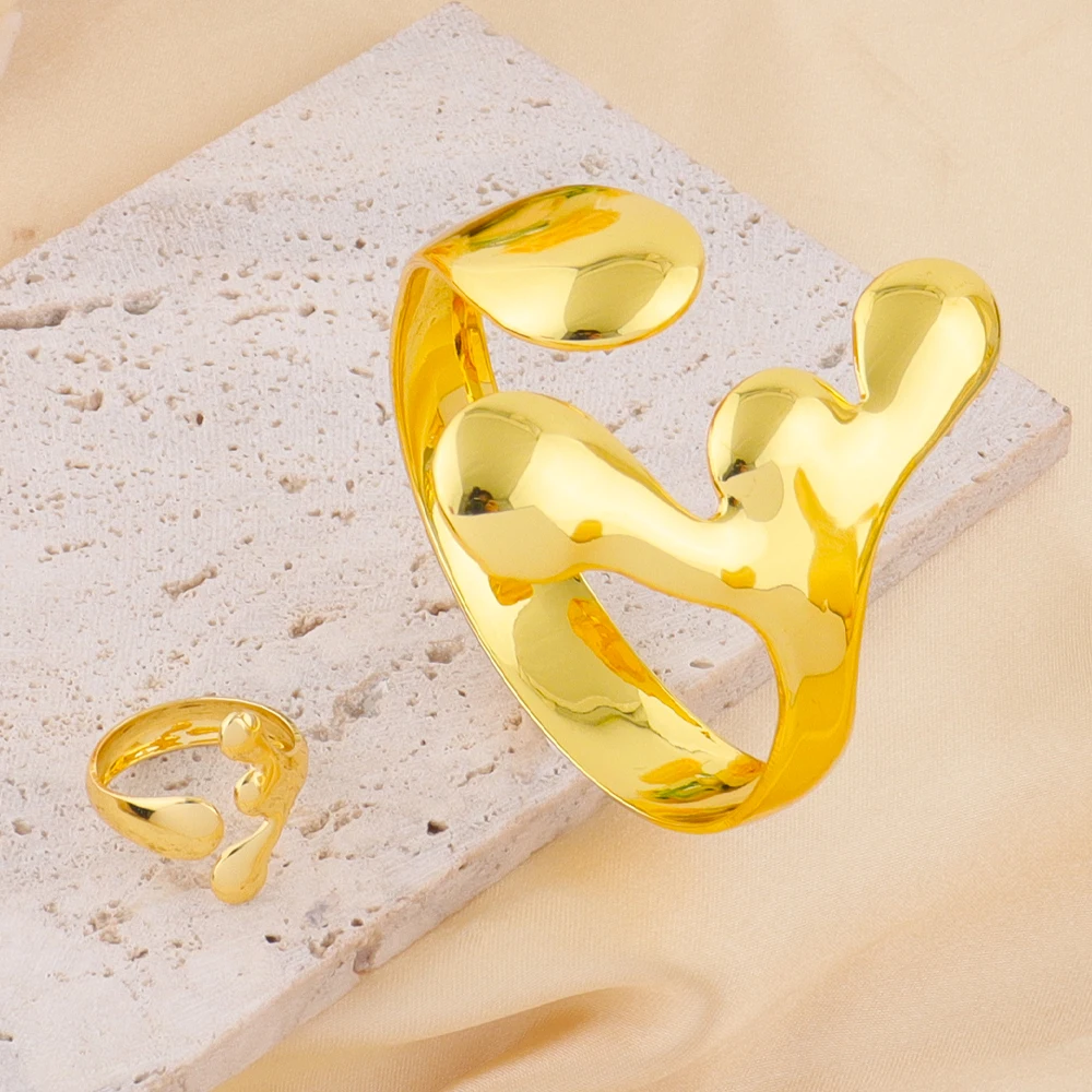 

Saudi Arabia African 18K Gold Irregular Fashion Jewelry Set Women Bracelet Ring Dubai Bride Nigeria Wedding Party Accessories