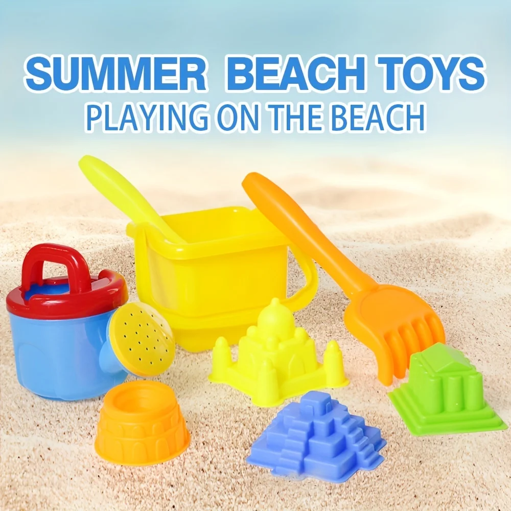 Children's beach toys 8 sets of beach toys, including sand buckets, rakes, shovels, 4 sand molds and water bottles - children's