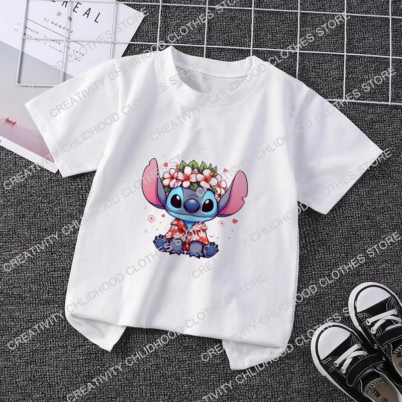 Camiseta de manga corta con dibujos animados para niños, ropa informal Kawaii, Anime, Stitch, pastel de cumpleaños, helado