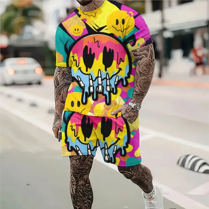 

Summer 2025 Men's Set Fashionable And Individual Hip-hop Smiling Face Print Suit Pattern Outdoor Streetwear Polyester Men Wear