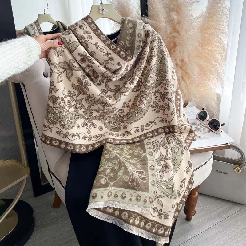 Scarf Women Pashmina Shawl Wrap Floral Paisley Print Double Sided Jacquard Winter Autumn Cape Stole Blanket Hijab Ethnic