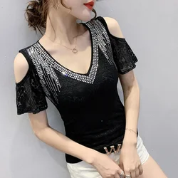 Summer New European-Made Diamond-Encrusted Lace Lotus Leaf Sleeves Off-The-Shoulder V-Neck Slim Short-Sleeved Fashion T-Shirt