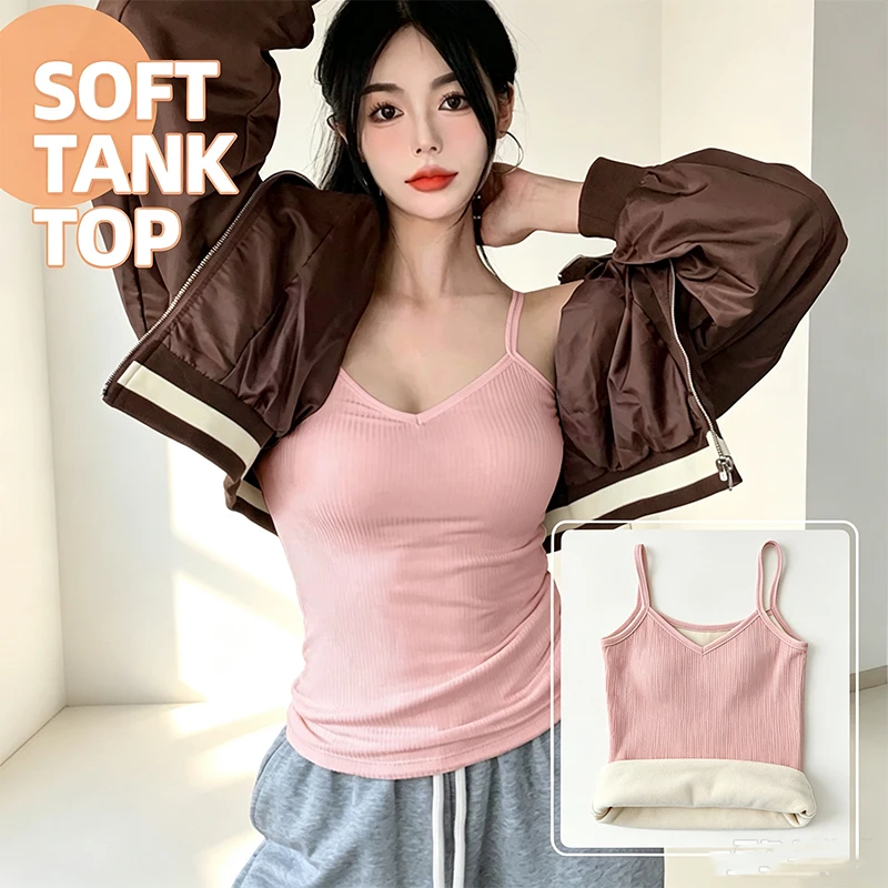 Indoor Outdoor Matching Wear Versatile Fleece Lined V Neck Vest Ribbed Knit Sleeveless Tank Top Soft Warm Slim Tops Basic Top