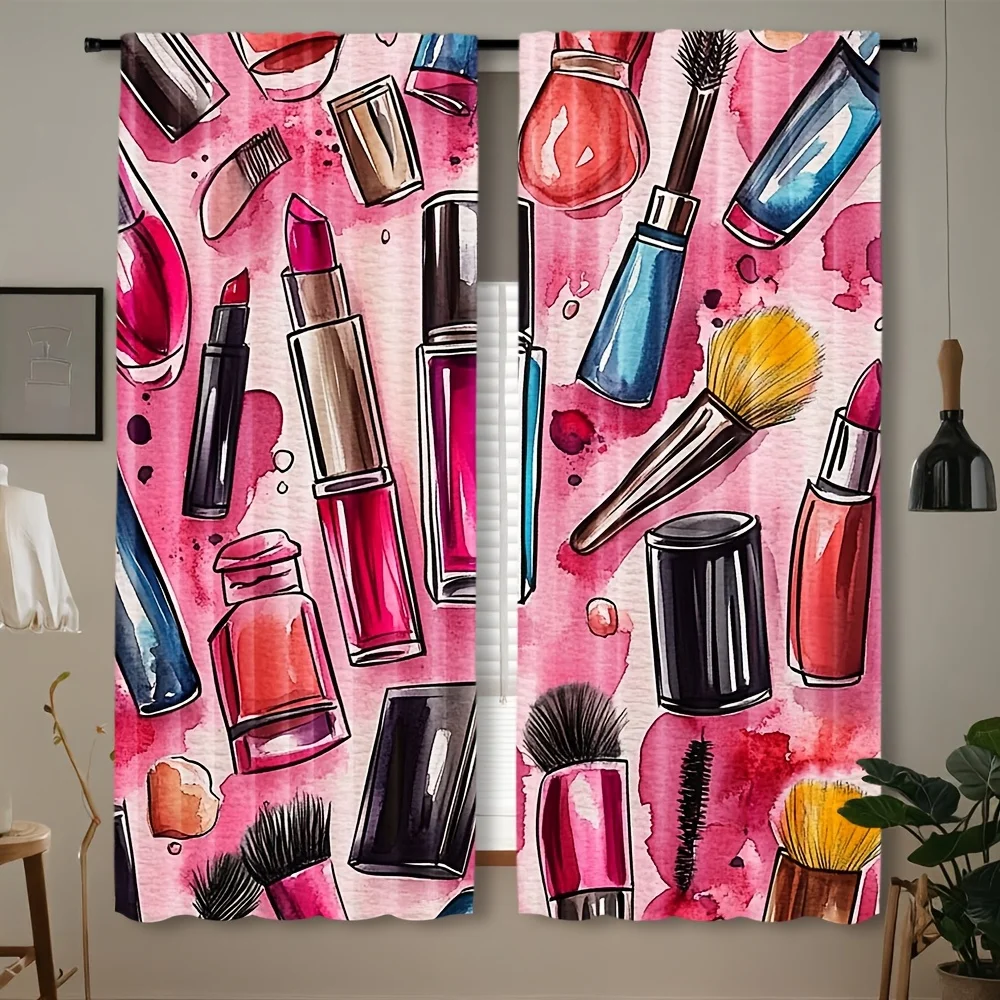 Makeup Pattern Curtain, Pink Cosmetics Window Drape, Beauty Tools Blackout Panel, Girls Room Dressing Area Home Decor