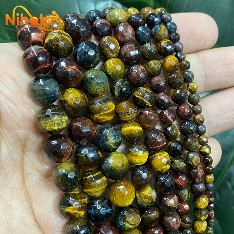 Faceted Natural Tricolor Tiger Eye Stone Round Loose Beads 15'' Strand DIY Accessories Bracelet For Jewelry Making 4/6/8/10/12mm