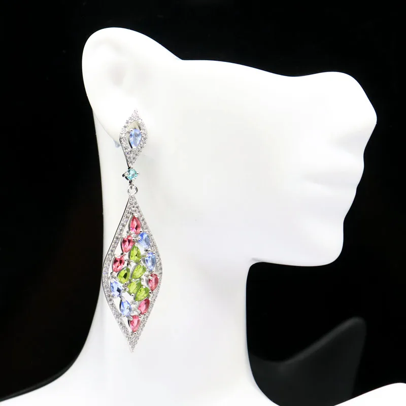 

SheCrown 67x17mm Multi Color 9g Pink Tourmaline Pink Raspberry Rhodolite Garnet CZ Wedding Ladies Silver Earrings