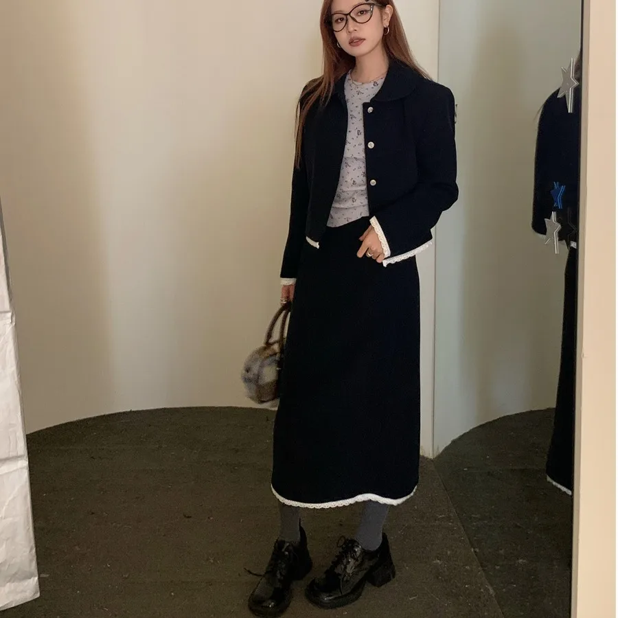 Chic Winter Outfit for Women Cotton Woolen Coat with Lace Trim Elastic Waist Midi Skirt Doll Collar Two Piece Set Chinese Brand