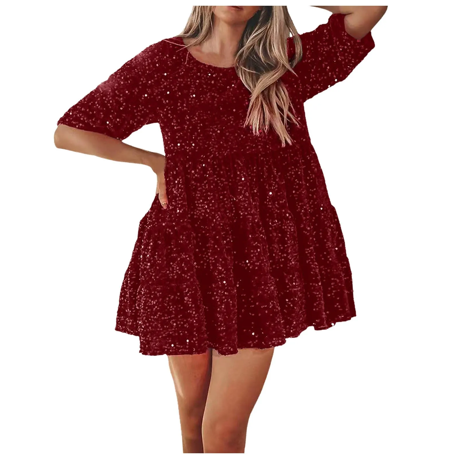 Solid Color Fashion Sequin Round Neck Womens Dresses Loose Waist Short Sleeve Dress Banquet Woman Clothing Summer Formal Dresses