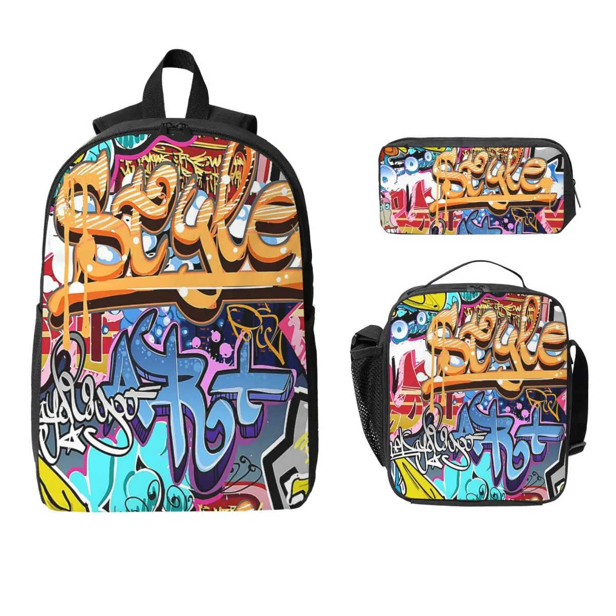 

Рюкзак с городским уличным граффити, сумка для книг для мальчиков и девочек, школьная сумка, компьютерные сумки на плечо, изолированная сумка для обеда 3 шт., пенал