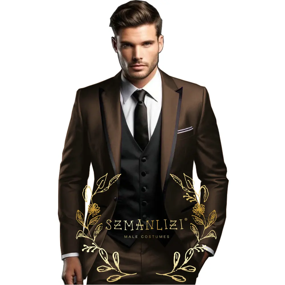 

Brown Suits For Men Tuxedo Groomsmen Slim Fit Peaked Lapel Mens Suit 3 Piece Sets Customized Formal Men Wedding Suit