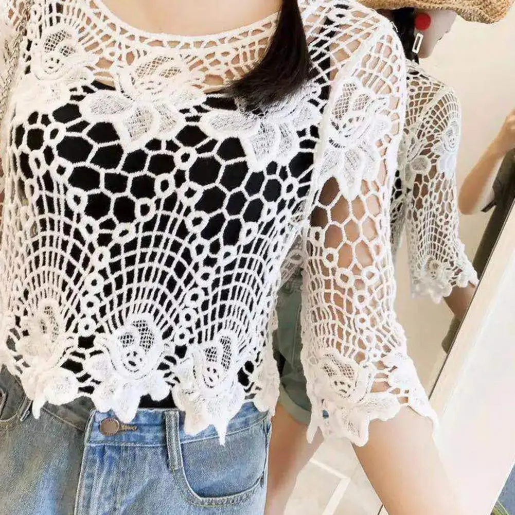 Women Hollow Out Embroidery Floral Lace Cover Up O-Neck Half Sleeve Blouse Jacquard Solid Color Loose Fit Pullover Tops