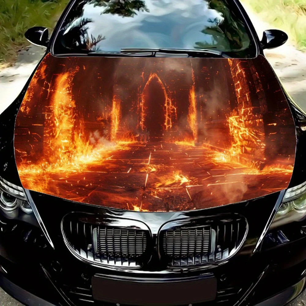 Fierce Burning House Flames Smoke Car Hood Wrap Color Vinyl Sticker Truck Graphic Bonnet Auto Accessories Decoration Decal Gift