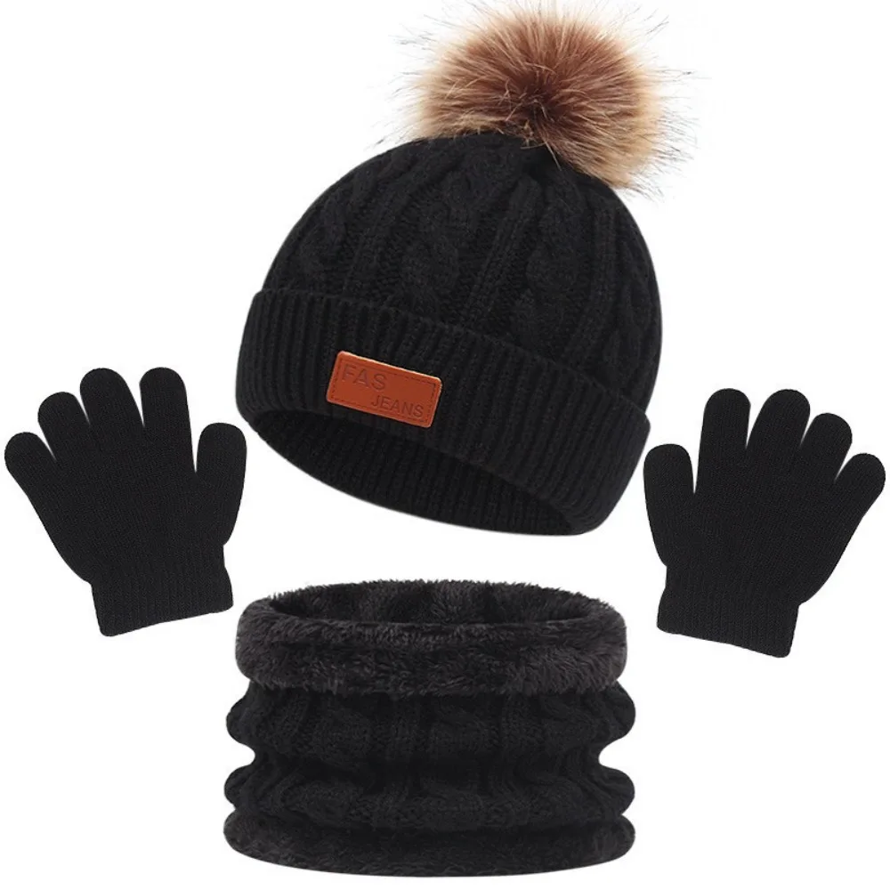 

3pcs/set Solid Color Baby Hat Scarf Gloves Set Cute Pompom Warmer Knitted Hats Comfortable Toddler Bonnet Kids Boys Girls