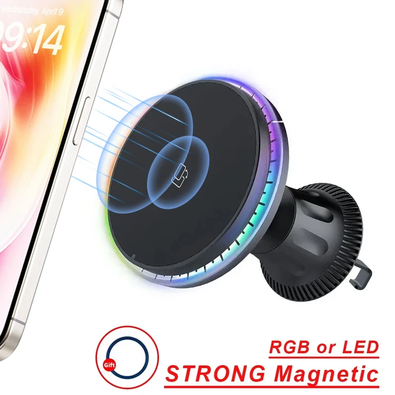 

Магнитная автомобильная подставка для беспроводного зарядного устройства для iPhone 12, 13, 14, 15, 16, 17 Pro Max Plus с подсветкой RGB, держатель для телефона, станция быстрой зарядки
