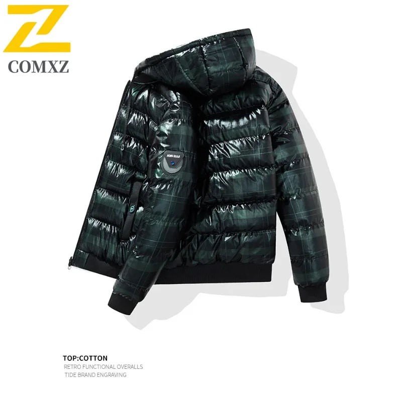 سترة مبطنة للرجال من COMXZ، مع قلنسوة للتزلج في الهواء الطلق، سترة سميكة دافئة، تصميم لامع، معطف شتوي خفيف الوزن للسفر #6