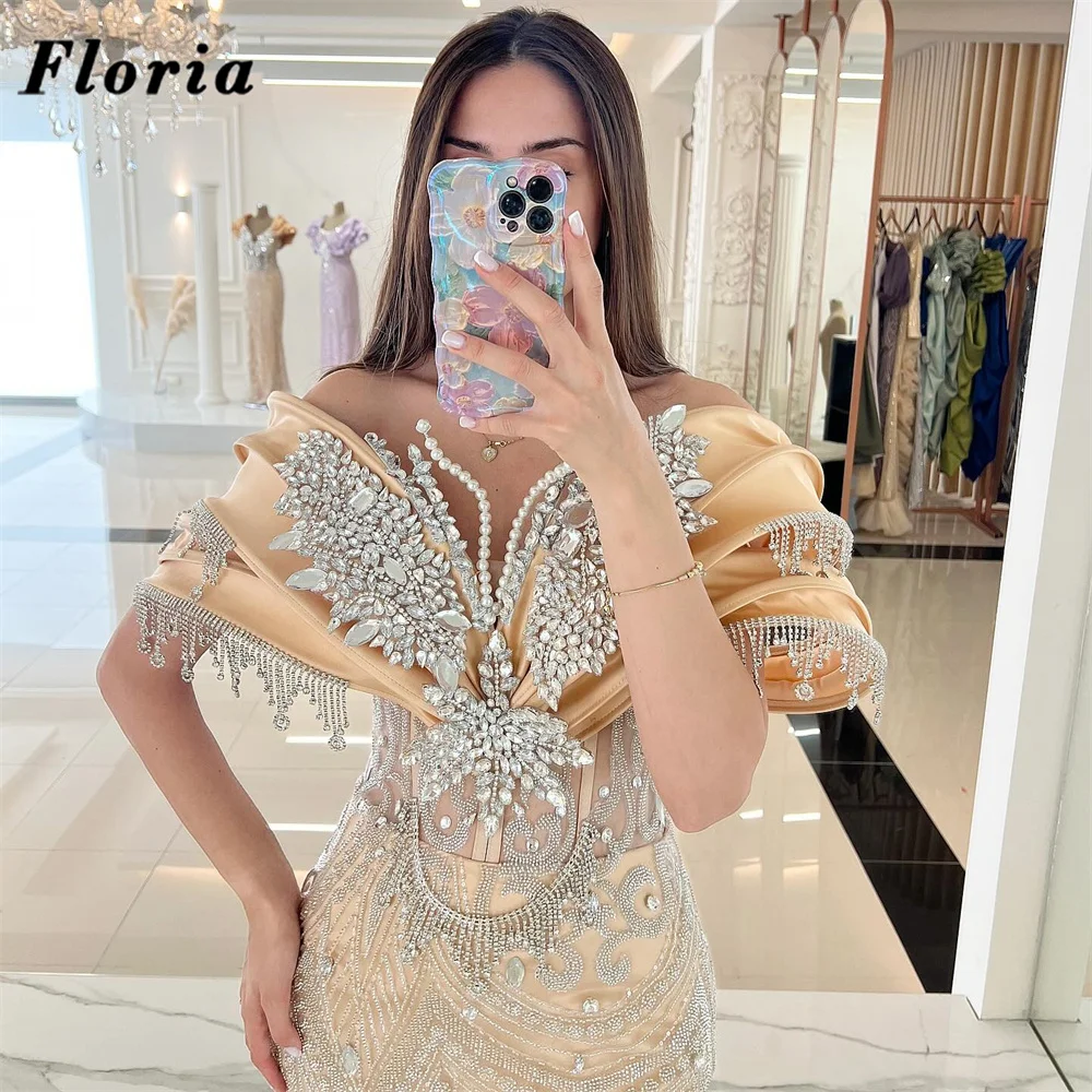 Champagner Perlen Abendkleider Dubai Kristalle Meerjungfrau Geburtstag Party Zweite Empfang Kleider Hochzeitsgast Kleider Maßgeschneidert