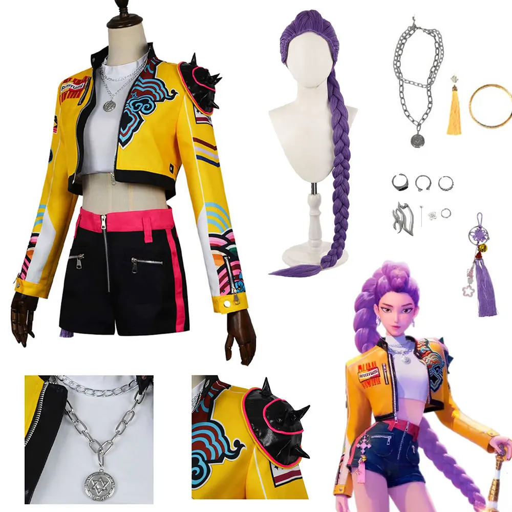 

KPop Demon Hunters Rumi Yellow Outfit Cosplay Costume Outfits Halloween Carnival Suit Women Jacket T-shirt Shorts Suits