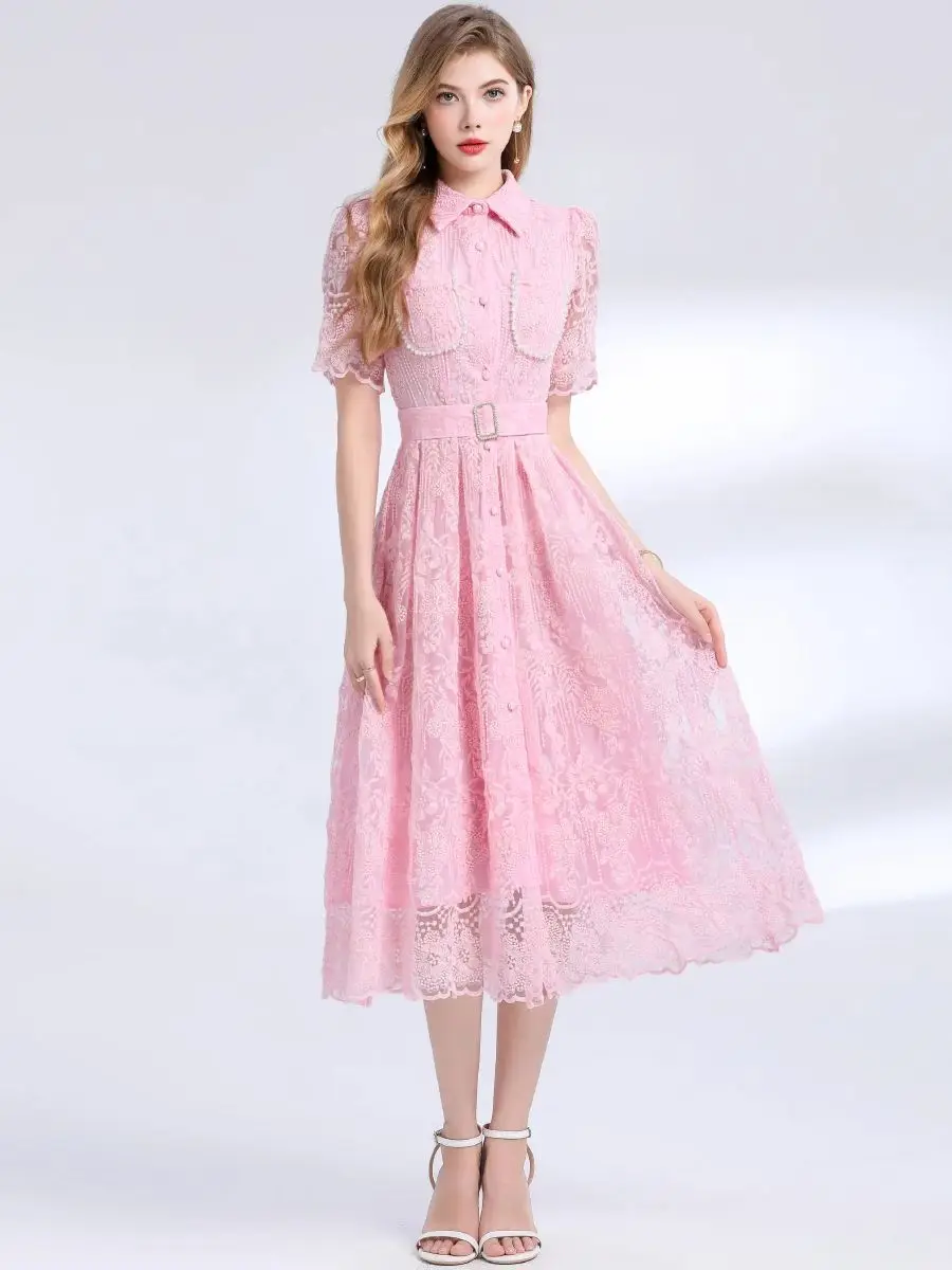 高品質ソリッドメッシュ刺繍スリムミディ丈ワンピース レディース ヴィンテージラペル半袖ラグジュアリービーズロングドレス ベルト付き