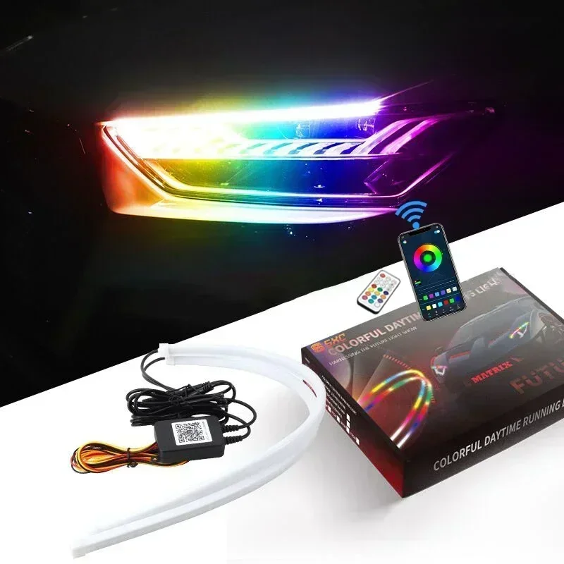 12V DRL Car LED Daytime Running Light APP Control Flexible RGB Colorful Flowing Turn Signal Light Car Decorative Lampu