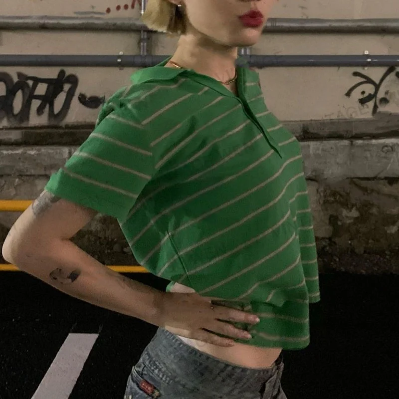 Vintage American White Enhancing Green Stripes  Neck Short Sleeve T-Shirt Women Summer Versatile Street Style Top