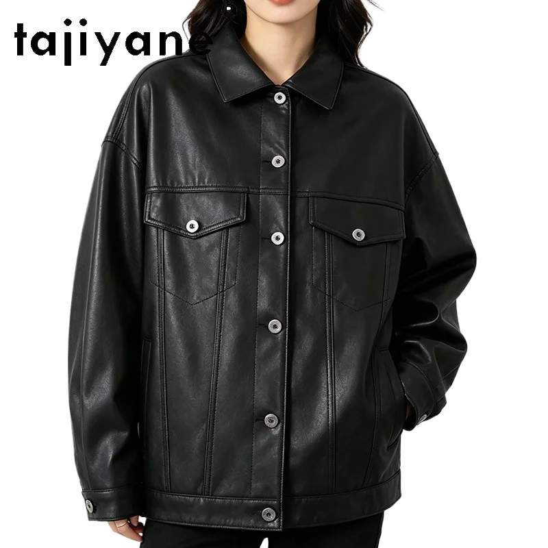 TAJIYANE Genuine Leather Jacket Women Vintage Outerwear Vegetable Tanned Sheepskin Jackets Back Printed Leather Coat Дубленка