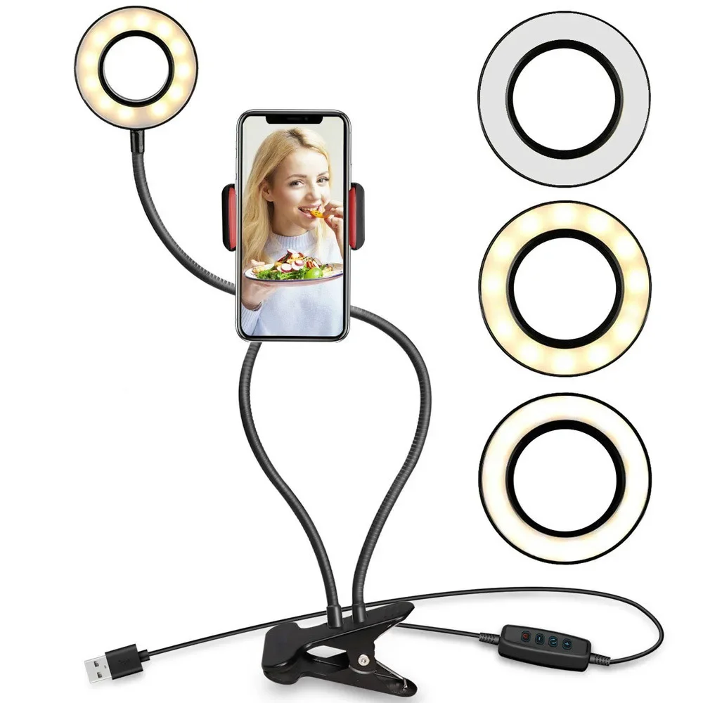 Telefoonhouder Flexibele Dimbare Make-Up Lamp Bureau Tafellamp Foto Studio Led Selfie Ring Usb Opladen Licht Clip Met Cel