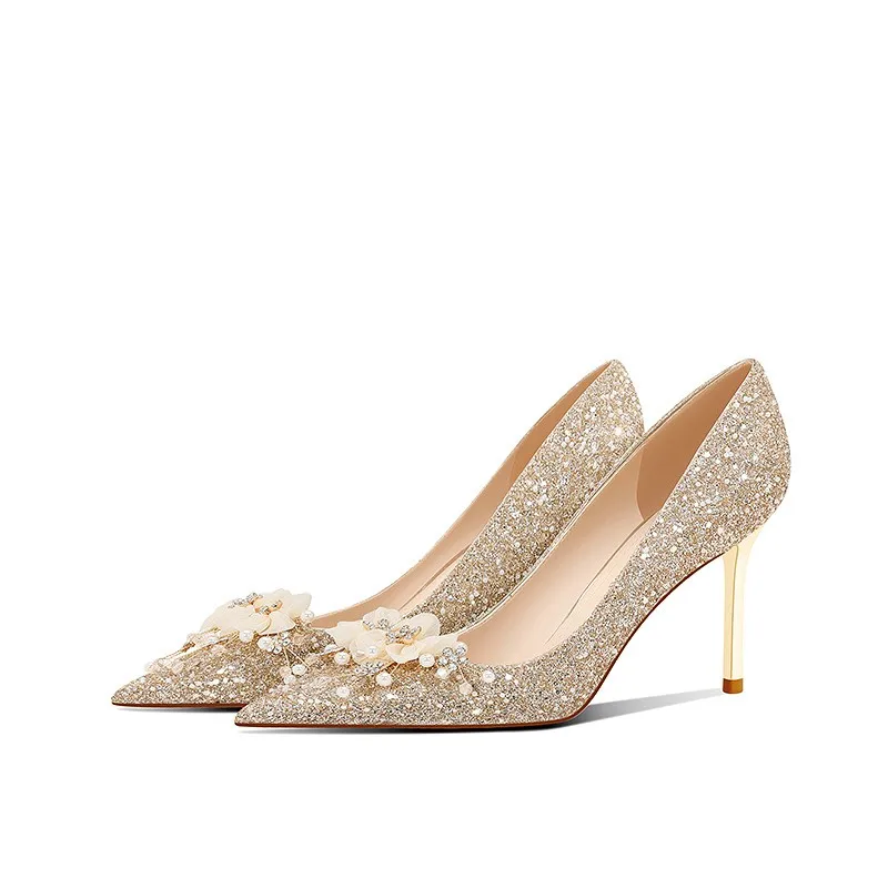 

New Fashion Crystal Shoes Pointed Toe High-heeled Shoes Wedding Shoes Dress Low-heeled Women Red Bride Wedding Pumps Two-wear