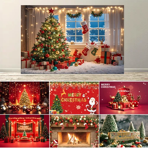 Fondo rojo de Navidad para fotografía, regalos de bolas de Navidad, campana, pino verde, nieve rústica, decoración de fiesta familiar de Año Nuevo