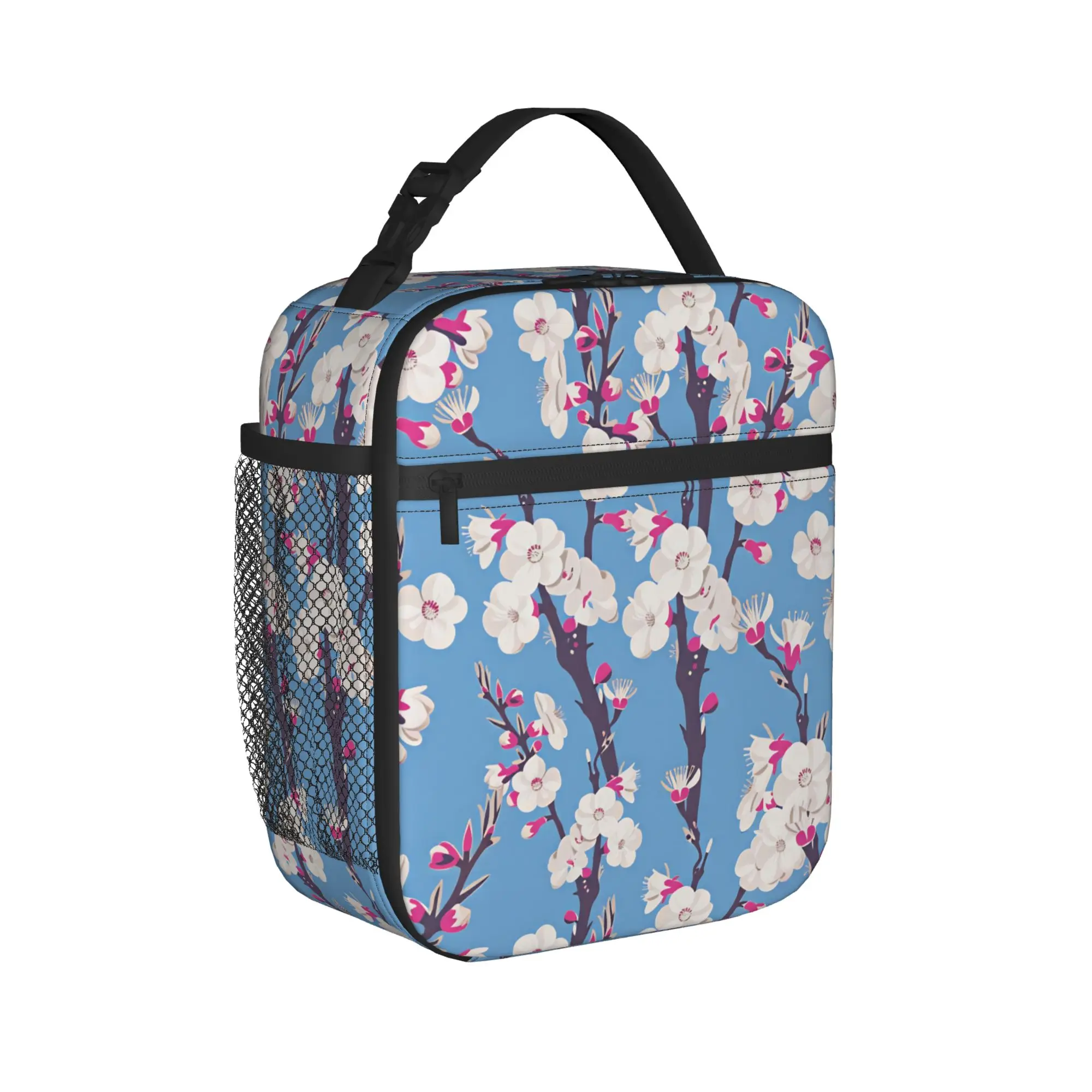 Japanese Sakura Cherry Blossoms Lunch Bag Cute Lunch Box School Portable Zipper Tote Food Bags For Women Oxford Print Cooler Bag