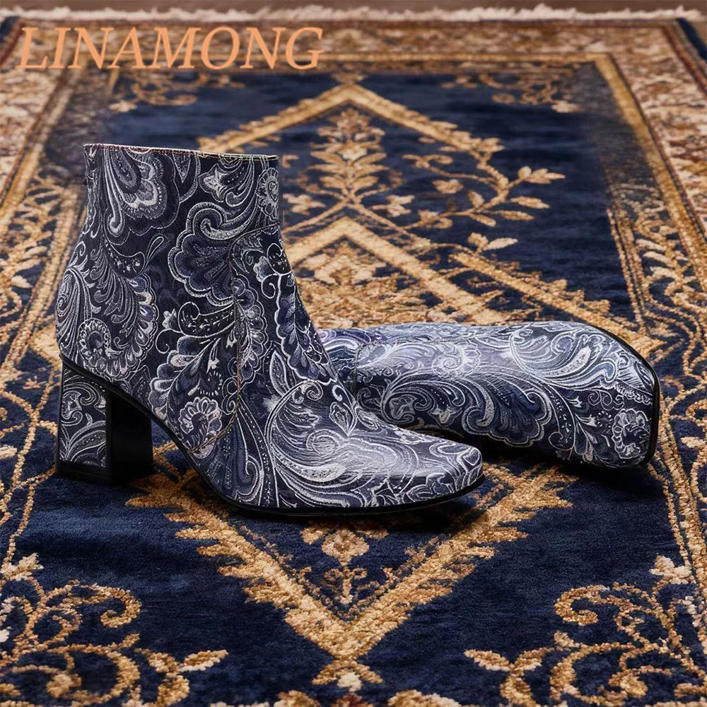 ساحة اصبع القدم كعب سميك أحذية قصيرة الأزرق والأبيض اليد نحى طباعة المتخصصة تصميم الجانب سستة كعب مربع كعوب عالية الموضة