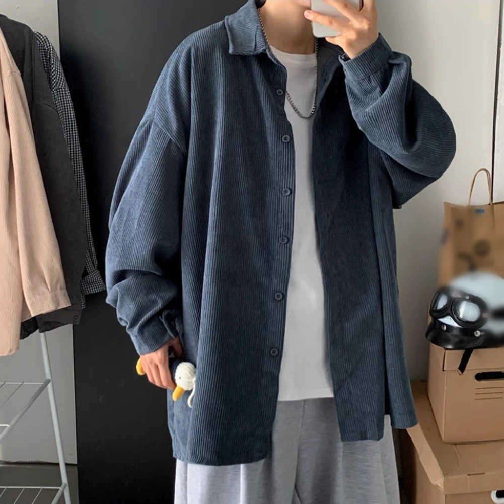 

Korean Streetwear Corduroy Shirt Autumn Style Vintage Look Casual Style Long Sleeve Regular Length For Casual Wear