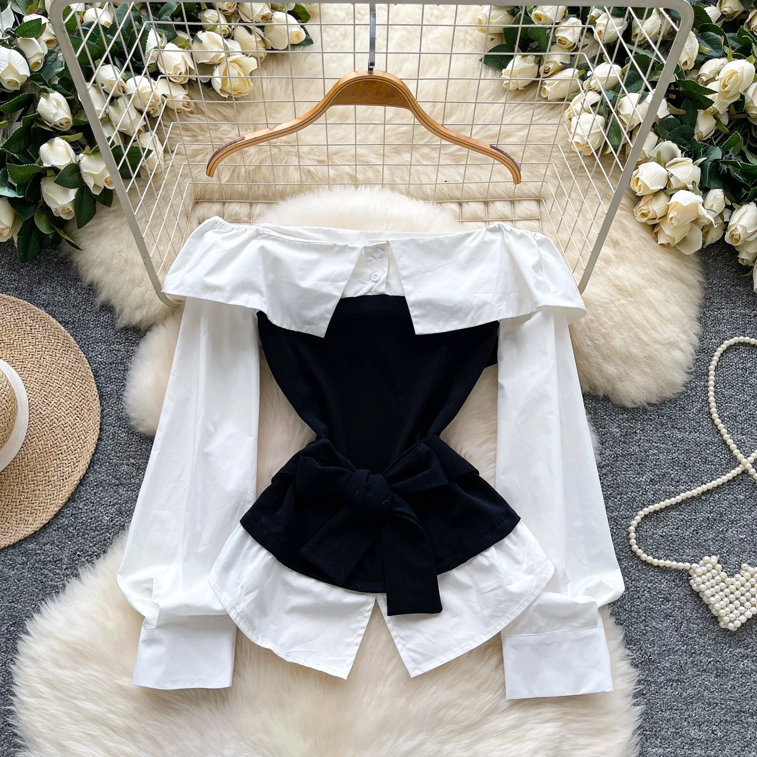 

Women Mock Two Piece Shirt Spliced Tops Long Sleeves Slash Neck Belt Waist Cinched Slim Fit Elegant Casual 2025 Spring Autumn