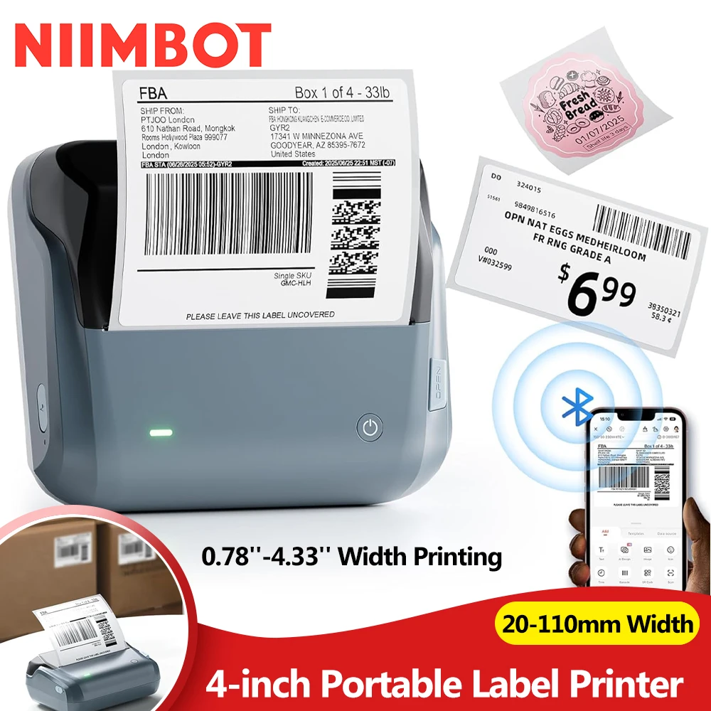 Niimbot B4 4inch Thermal Label Printer Large Size 20-110mm Print Width Label Sitcker Machine Shipping Label Business Office Use