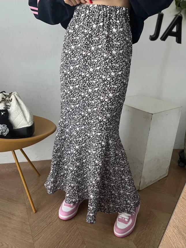 Floral A-Line  Skirt Women's High Waist Slimming Hip Covering Summer New Sle Floral Print Skirt Fi Tail Skirt
