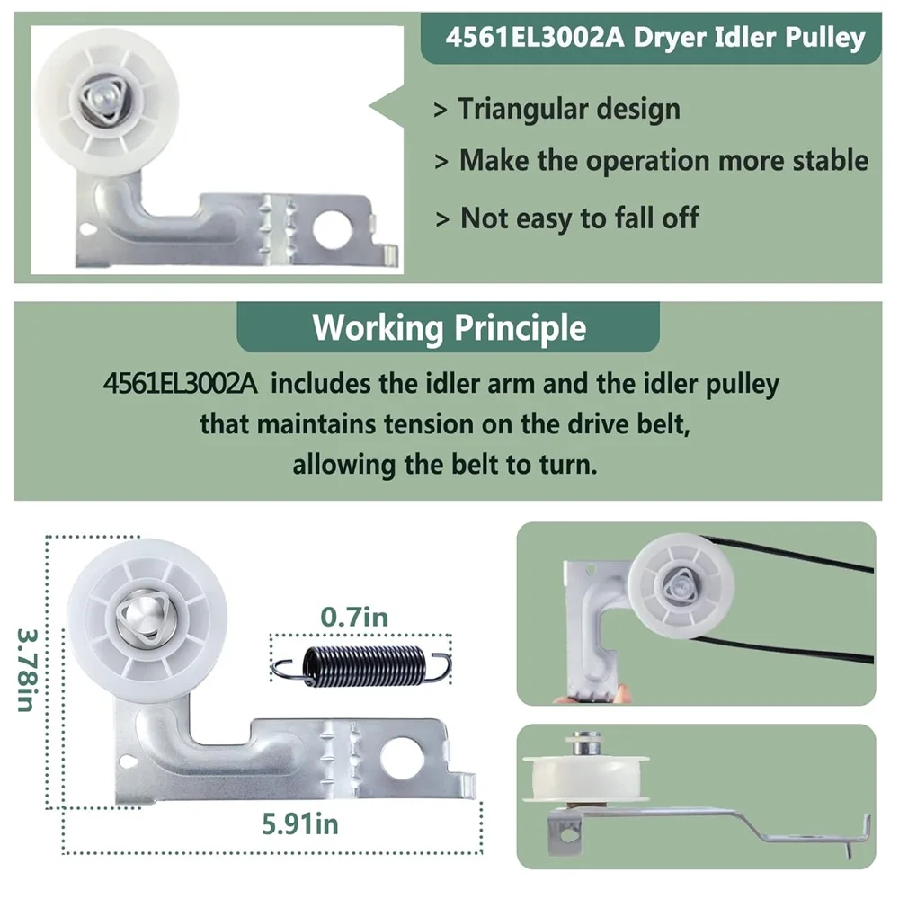 4581EL2002C Dryer Drum Roller 4400EL2001A Dryer Belt 4561EL3002A Idler Pulley and Spring Compatible with LG Kenmore Dryers